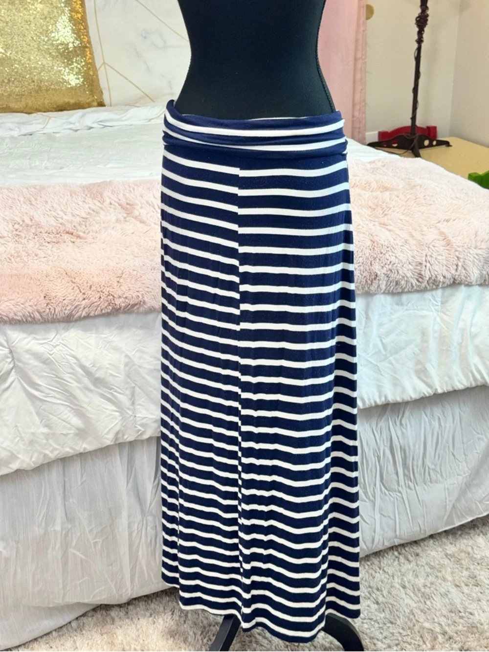Navy White Striped Maxi Skirt Foldover Waist Stretch Casual S - Picture 2 of 4